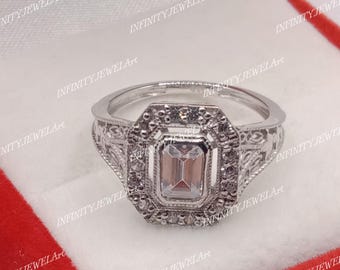 Anillo de compromiso con halo de talla esmeralda de 2,60 quilates, anillo de diamantes Art Déco vintage para mujer, anillo de boda de plata de ley 925