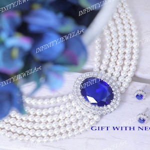 30Ct Princess Diana Sapphire And Pearl Choker Blue Oval Cut Diamond Necklace In 935 Argentium Silver,Princess Diana Choker Necklace,Gifts