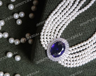 30Ct Princess Diana Sapphire And Pearl Choker Blue Oval Cut Diamond Necklace In 935 Argentium Silver,Princess Diana Necklace,Gifts