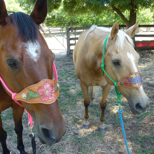 Headstall, Halter, Hand made Bronco halter, Hand Carved & painted, Made from Yachting braided Rope halter, Genuine leather