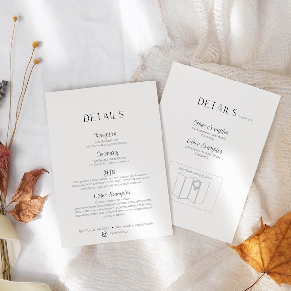 VIVIANNA Minimalist Details Card Template | Instant Download - Canva | Modern Wedding Fully Editable DIY 5x7" Digital Download