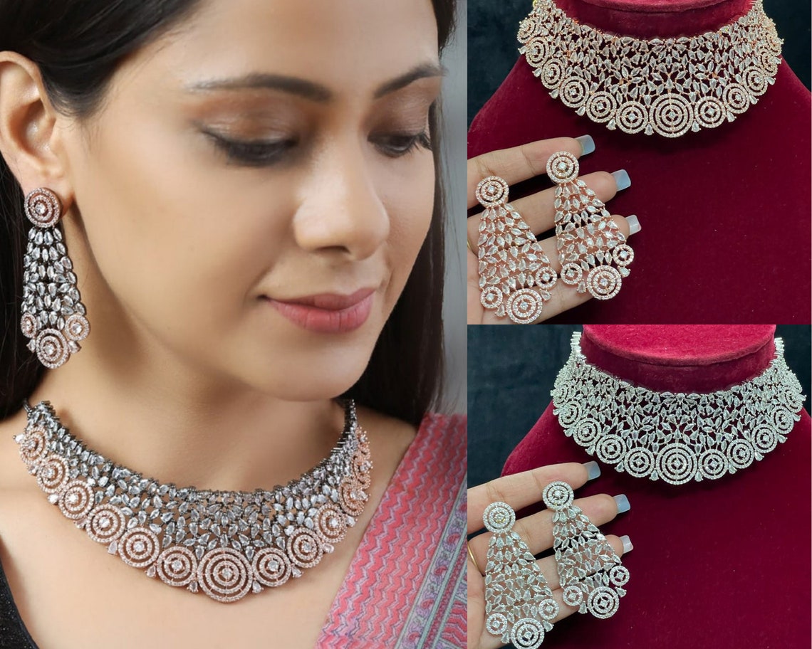 American DIAMOND Choker NECKLACE Set With Earring Combo Cz Etsy
