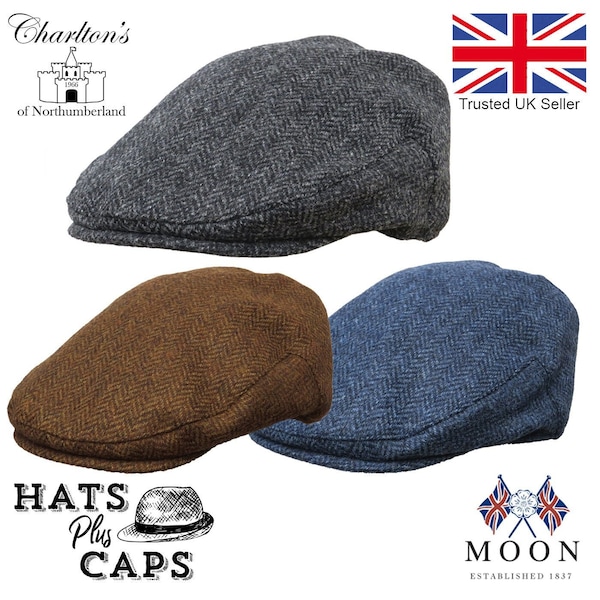 Tweed Flat Cap 100% Wool Luxury Abraham Moon British Made Fabric Woven Yorkshire Charltons of Northumberland