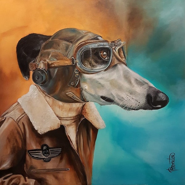 Affiche lévrier steampunk affiche haute résolution aviateur poster chien édition limitée giclée chien aviateur vintage art lévrier Afgan