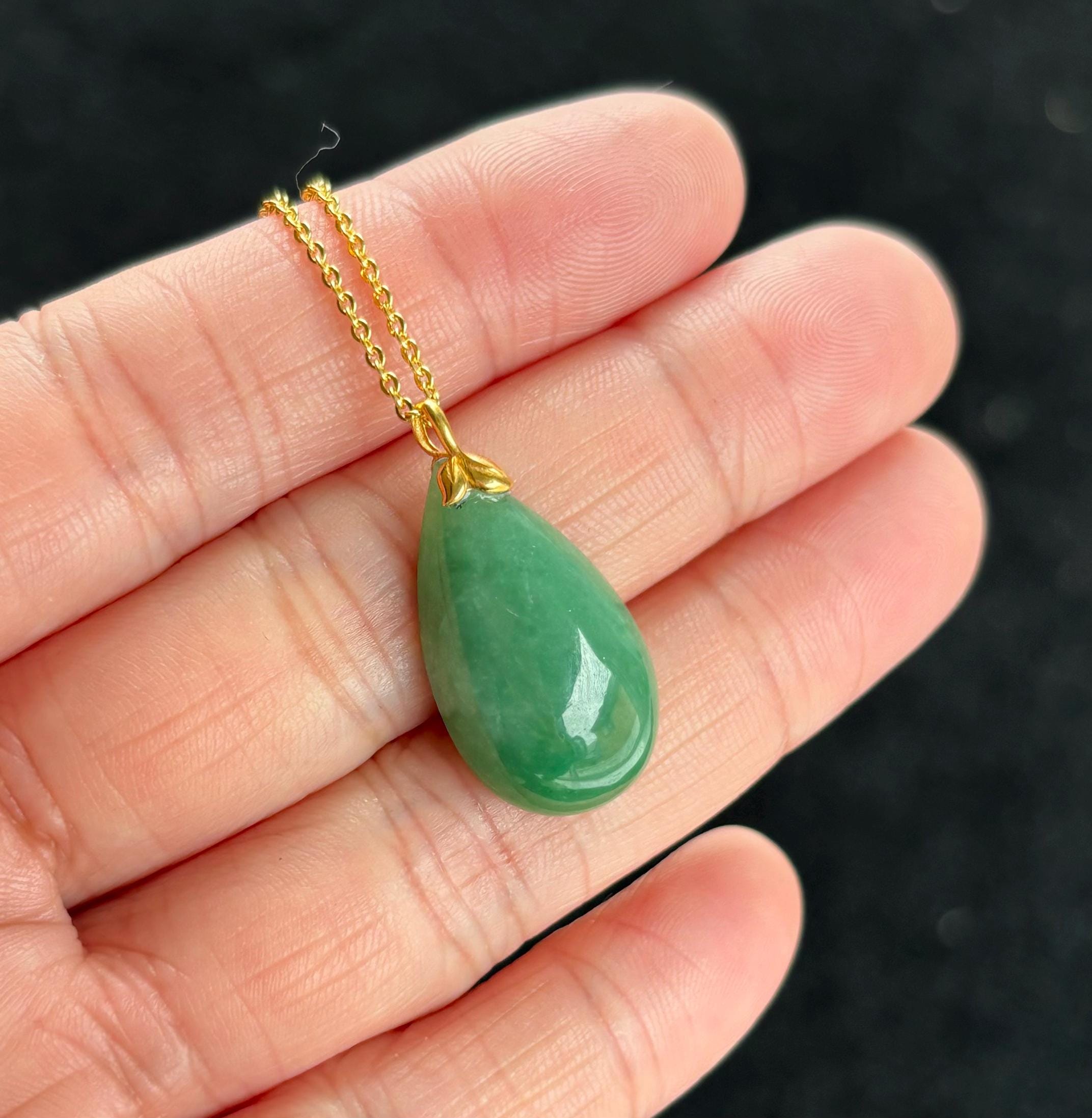 Collection Grade Green Teardrop Jadeite Jade Pendant 18K Gold Buckle, 100% Untreated Certified Genuine Type A Burmese Jadeite, No Gold Chain