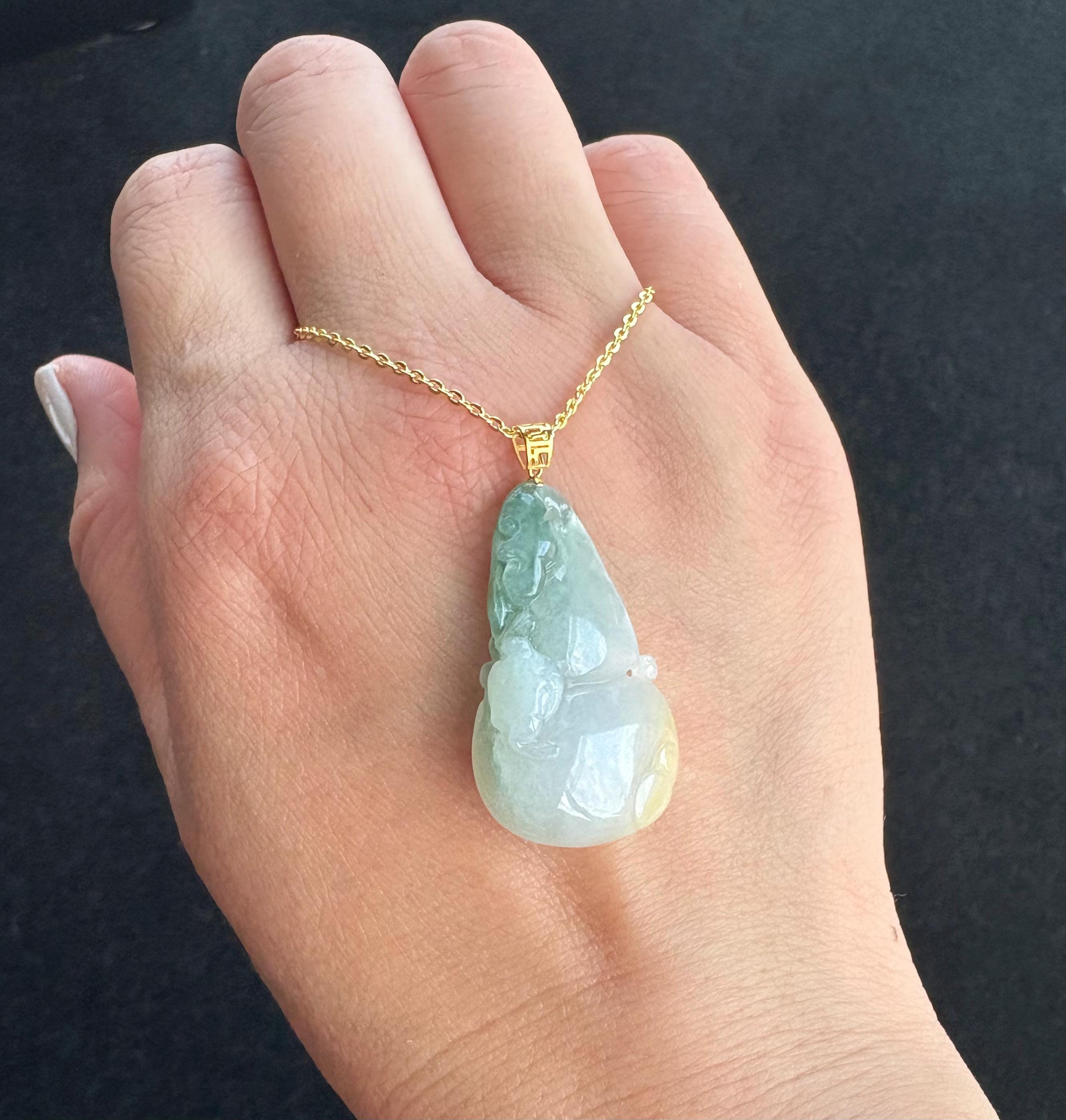 浮かぶ緑と浮かぶ黄色の瓢箪 葫芦/福禄 翡翠ペンダント 18Kゴールド