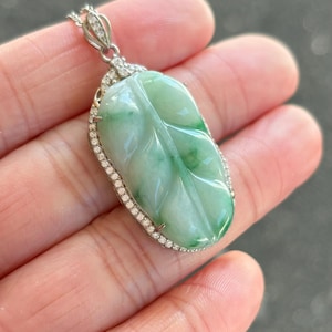 Floating Green Jadeite, Leaf Jadeite Jade Pendant S925 Sterling Silver Buckle, 100% Untreated Certified Genuine Type A Burmese Jadeite