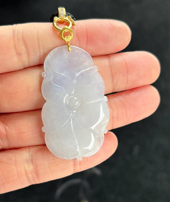 Icy Floating Purple Lotus Leaf Jadeite Jade Pendant 18K Gold