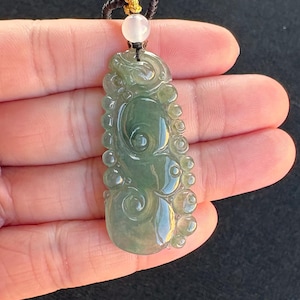 Highly Icy Green Auspicious Clouds Ruyi 如意 Jadeite Jade Pendant Necklace, 100% Untreated Certified Genuine Type A Burmese Jadeite