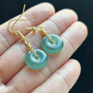 Highly Icy Green Donut Jadeite Jade Earrings, 100% Untreated Certified Genuine Type A Burmese Jadeite, Grade A Jadeite, Burma Jadeite