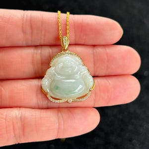 Floating Green Laughing Buddha Jadeite Jade S925 Sterling Silver Pendant, 100% Untreated Certified Genuine Type A Burmese Jadeite