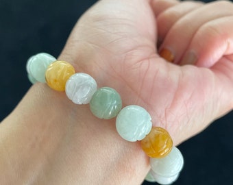 100% Untreated Certified Genuine Type A Burmese Jadeite, Carved Lotus Jadeite Jade Beads Bracelet, Grade A Jadeite, Burma Jadeite