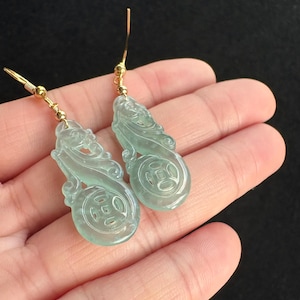 Highly Icy Carved Phoenix Jadeite Jade Earrings, 100% Untreated Certified Genuine Type A Burmese Jadeite, Grade A Jadeite, Burma Jadeite