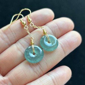 Highly Icy Green Donut Jadeite Jade Earrings, 100% Untreated Certified Genuine Type A Burmese Jadeite, Grade A Jadeite, Burma Jadeite