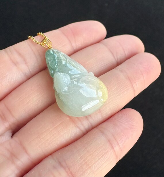 浮かぶ緑と浮かぶ黄色の瓢箪 葫芦/福禄 翡翠ペンダント 18Kゴールド
