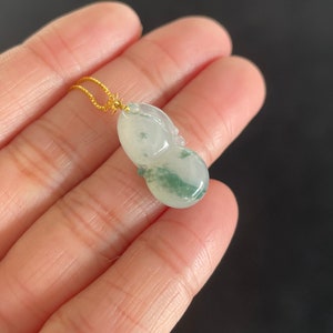 Highly Icy Floating Green Gourd Jadeite Jade Pendant 18K Gold Buckle, 100% Untreated Certified Genuine Type A Burmese Jadeite, No Gold Chain