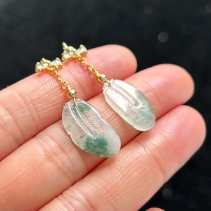 Highly Icy Floating Green Feather Jadeite Jade Earrings, 100% Untreated Certified Genuine Type A Burmese Jadeite, Grade A Jadeite