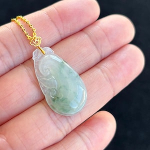Icy Floating Green Ruyi 如意 Jadeite Jade Pendant 18K Gold Buckle, 100% Untreated Certified Genuine Type A Burmese Jadeite, No Gold Chain