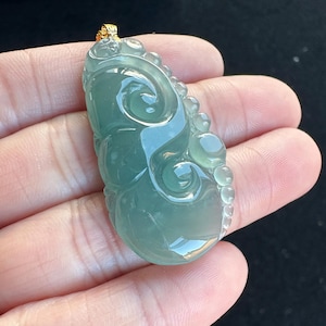 Highly Icy Blue-green Auspicious Clouds Ruyi 如意 Jadeite Jade Pendant 18K Gold Buckle,100% Untreated Certified Genuine Type A Burmese Jadeite