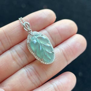 Highly Icy Green Jadeite, Leaf Jadeite Jade Pendant S925 Sterling Silver Buckle, 100% Untreated Certified Genuine Type A Burmese Jadeite