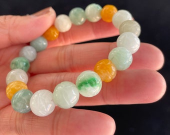 100% Untreated Certified Genuine Type A Burmese Jadeite, Carved Lotus Jadeite Jade Beads Bracelet, Grade A Jadeite, Burma Jadeite