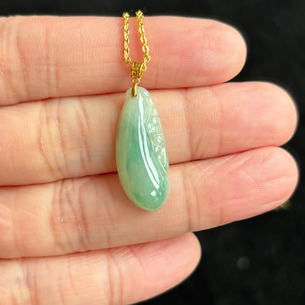 Icy Green Jadeite, Fugua 福瓜 Jadeite Jade Pendant 18K Gold Buckle, 100% Untreated Certified Genuine Type A Burmese Jadeite, No Gold Chain