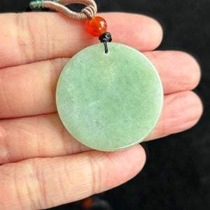 Green Flat Disk 无事牌 Safe And Sound Jadeite Jade Pendant Necklace, 100% Untreated Certified Genuine Type A Burmese Jadeite, Grade A Jadeite