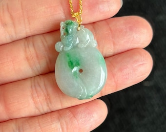 Groene Kirin 麒麟 Donut Jade-hanger met jade, 18 kt gouden gesp, 100% onbehandeld gecertificeerde echte Birmaanse jade type A, geen gouden ketting