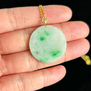 Icy Floating Green Flat Disk 无事牌 Safe And Sound Jadeite Jade Pendant 18K Gold Buckle,100% Untreated Certified Genuine Type A Burmese Jadeite