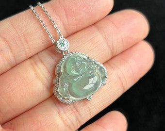 Ciondolo Buddha Uomo Donna In Argento Sterling 925 Con Giada Verde E Ghiaccio. Portafortuna Spirituale!