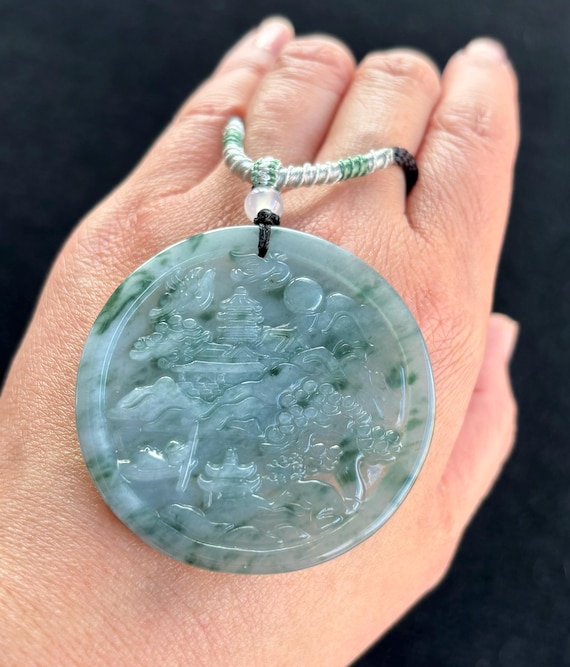 Icy Floating Green Landscape Jadeite Jade Pendant, Zen