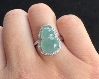 Adjustable Ring, Highly Icy Green Gourd （Fulu 葫蘆） Jadeite Jade S925 Silver Ring, 100% Untreated Certified Genuine Type A Burmese Jadeite