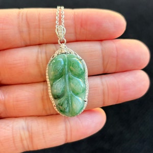 Icy Green Jadeite, Leaf Jadeite Jade Pendant S925 Sterling Silver Buckle, 100% Untreated Certified Genuine Type A Burmese Jadeite