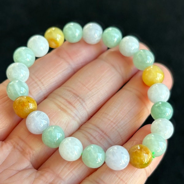 7.5mm Multi Color Round Beads Jadeite Jade Bracelet, 100% Untreated Certified Genuine Type A Burmese Jadeite, Grade A Jadeite, Burma Jadeite