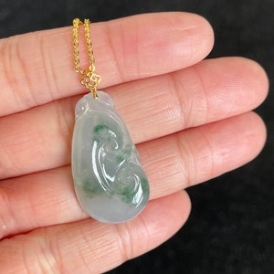 Highly Icy Floating Green Ruyi Jadeite Jade Pendant 18K Gold Buckle, 100% Untreated Certified Genuine Type A Burmese Jadeite, No Gold Chain