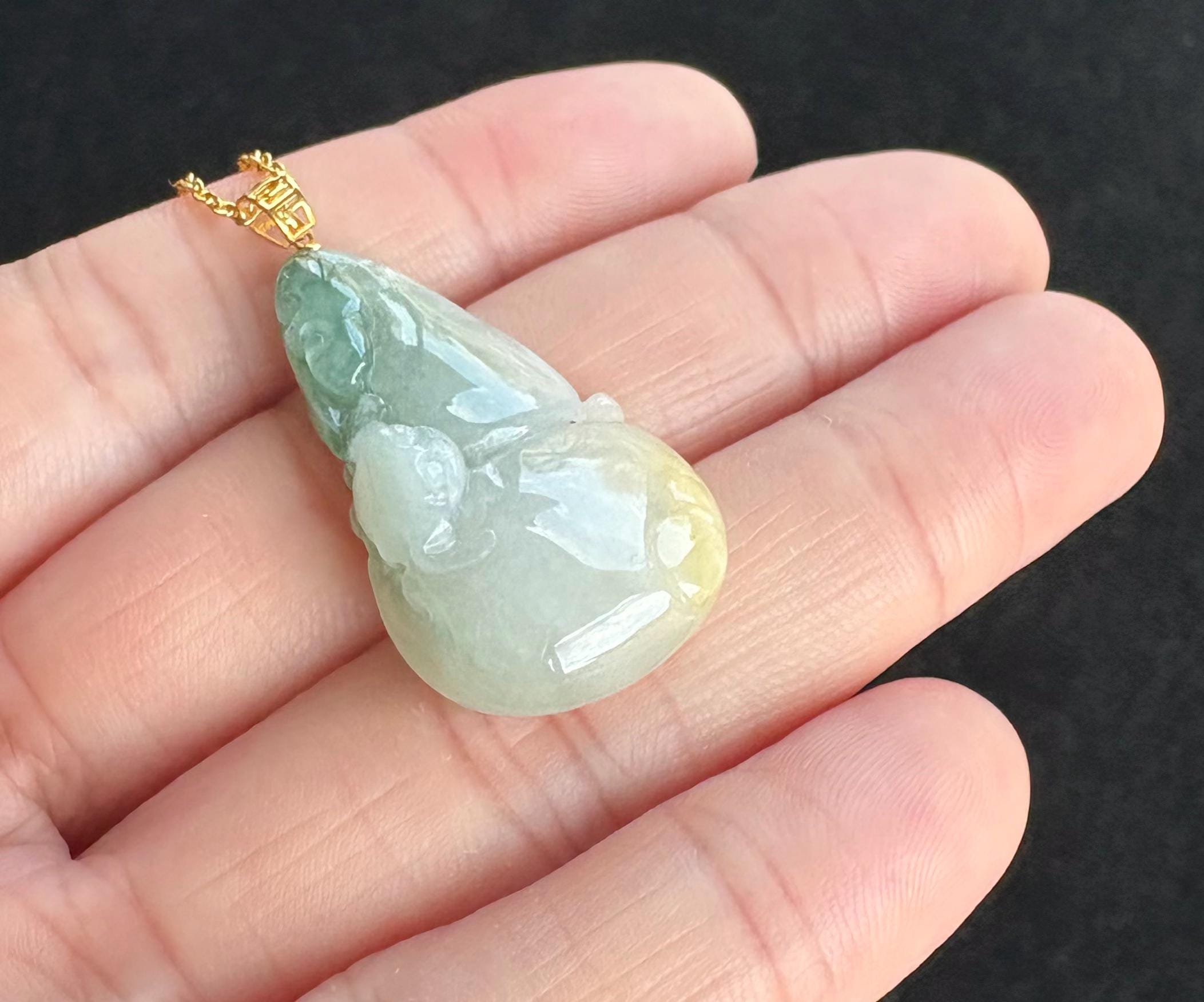 浮かぶ緑と浮かぶ黄色の瓢箪 葫芦/福禄 翡翠ペンダント 18Kゴールド