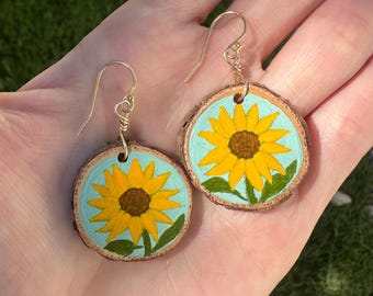 Sunflower Hand Painted Cedar Earrings