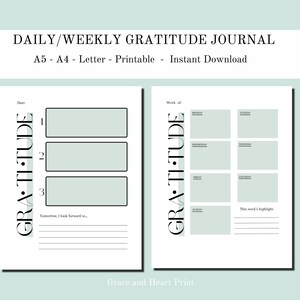 Diario de gratitud imprimible, Gratitud diaria, Gratitud semanal, A4, A5, Carta
