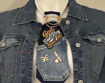 Women’s Statement Junk Tie Necklace - Denim God Don’t Play About Me