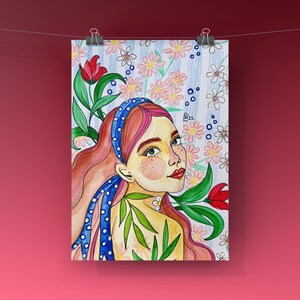 Carte postale portrait de femme fleurs, peinture aquarelle pour idée de deco