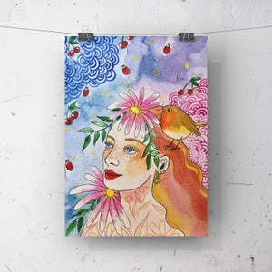 Impression aquarelle format A5 femme fleurs special printemps
