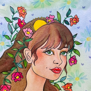 Carte aquarelle portrait de femme fleurs d’été pour idée de décoration