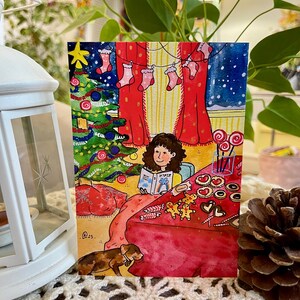 impression d’illustration à l’aquarelle, scène cozy de Noël