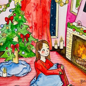 impression d’illustration à l’aquarelle, scène cozy de Noël