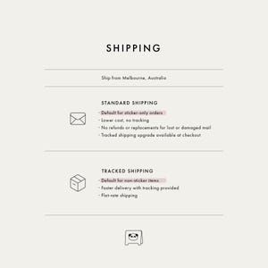 May include: An informational graphic titled SHIPPING with text detailing standard and tracked shipping options. It includes icons of an envelope and a box, along with a small panda illustration at the bottom, outlining policies for sticker and non-sticker orders.