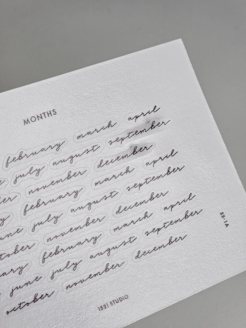 May include: A white sheet of paper featuring the word MONTHS in a sans-serif font at the top, followed by rows of months written in a black cursive script. The text 1521 STUDIO appears at the bottom, and the code SS-1A is printed on the right side.