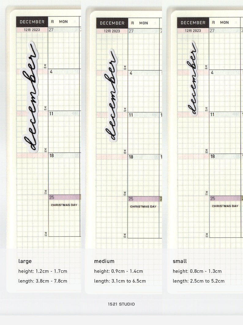 May include: Three vertical planner stickers with the word December in black cursive script, displayed on a grid calendar page. The large sticker is 1.2cm to 1.7cm high and 3.8cm to 7.8cm long, medium is 0.9cm to 1.4cm high and 3.1cm to 6.5cm long, small is 0.8cm to 1.3cm high and 2.5cm to 5.2cm long.