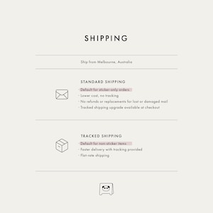 May include: An informational graphic titled SHIPPING with text detailing standard and tracked shipping options. It includes icons of an envelope and a box, along with a small panda illustration at the bottom, outlining policies for sticker and non-sticker orders.