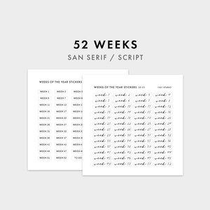 Pegatinas para planificador de semanas, tipografía cursiva y sans-serif, pegatinas para 52 semanas/año, pegatinas semanales, pegatinas para diario, pegatinas minimalistas para planificador.