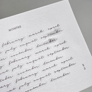 May include: A white sheet of stickers featuring the word MONTHS in a bold sans-serif font at the top. Below, multiple rows of individual month names are printed in a black cursive script. The text 1521 STUDIO and SS-1A are printed in the corners.